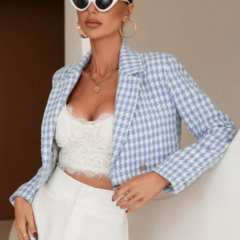 Classic Tweed Houndstooth Double Breasted Blazer Blue - Picture 2 of 6